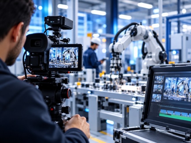 Video camera recording robotic machinery for a product video