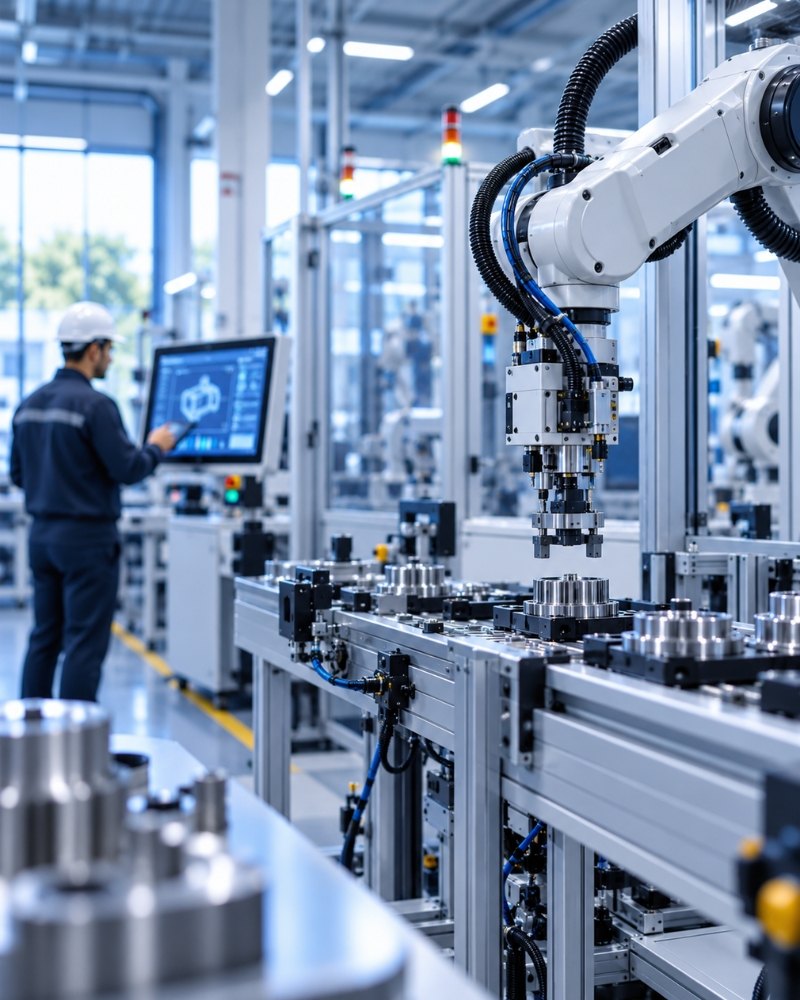 Robotic arms working along an automated production line