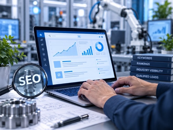 SEO analytics on a laptop in front of automation machinery