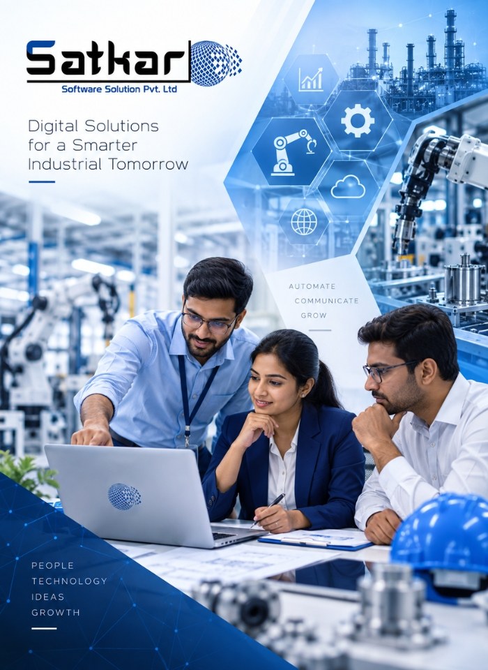 Satkar poster: Digital Solutions for a Smarter Industrial Tomorrow, with a team at a laptop
