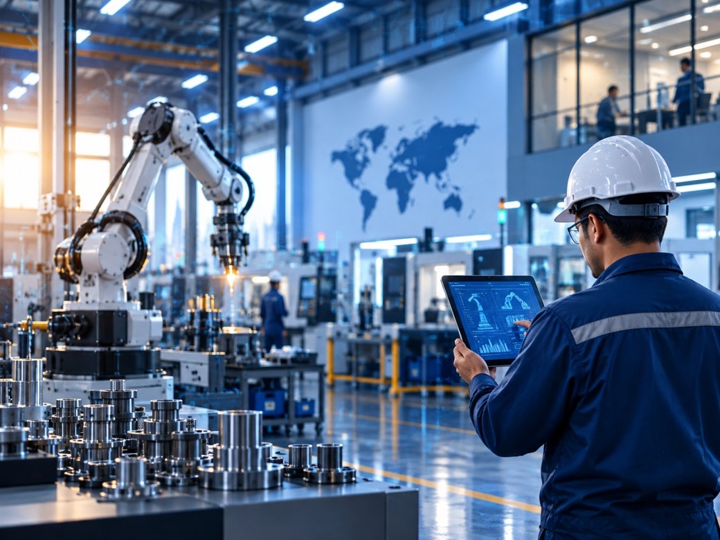 Engineer with a tablet monitoring a robotic arm on a smart factory production floor