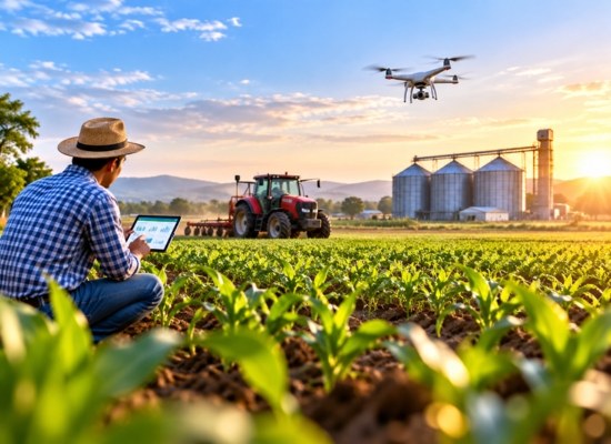 Farmer using a tablet in a crop field with a tractor and drone
