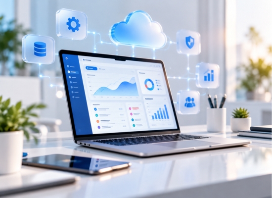 Laptop with a business analytics dashboard and cloud service icons