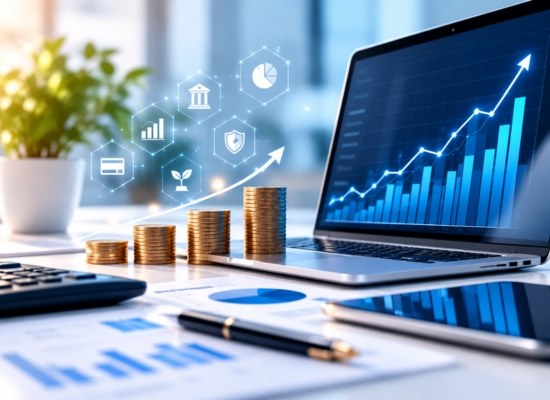 Laptop with a rising financial chart beside coins and a calculator