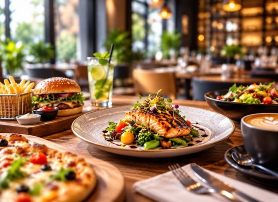 Restaurant table with pizza, a burger and fresh dishes
