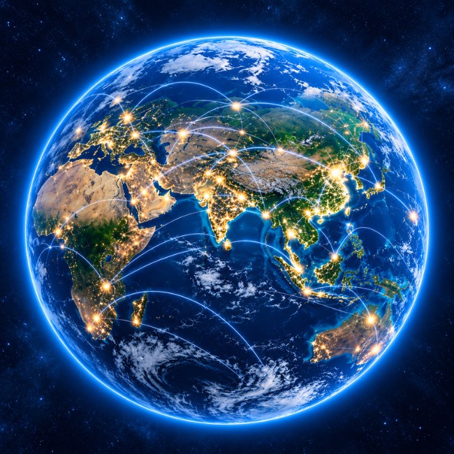 Earth from space with glowing city lights and network connections