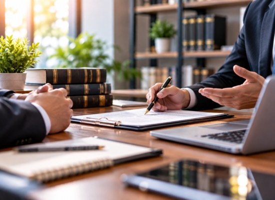 Consultant signing a document beside law books and a laptop