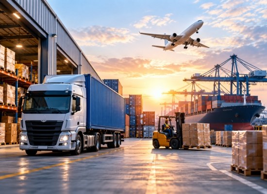 Truck, forklift and pallets beside port cranes and a cargo plane
