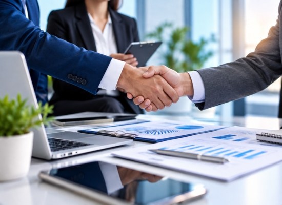 Professionals shaking hands over documents and a laptop