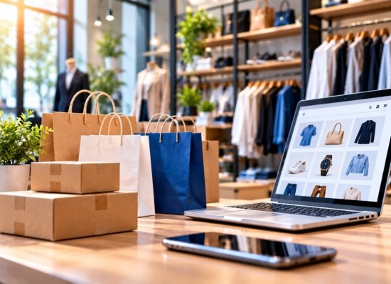 Clothing store with shopping bags and a laptop showing an online shop