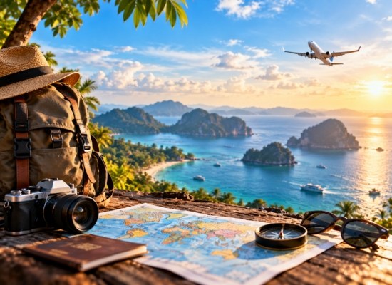 Tropical bay with a camera, map and passport as a plane flies overhead