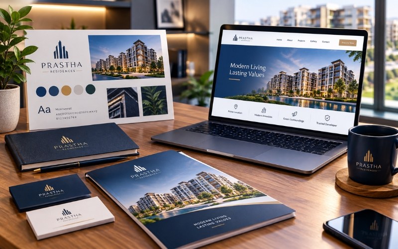 Real estate brochures and logo designs beside a project website