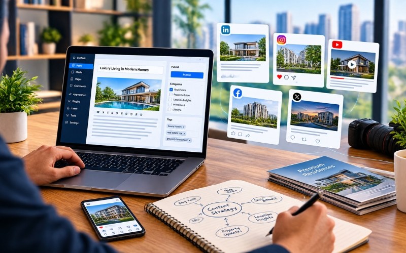 Person sketching a real estate content plan beside a laptop