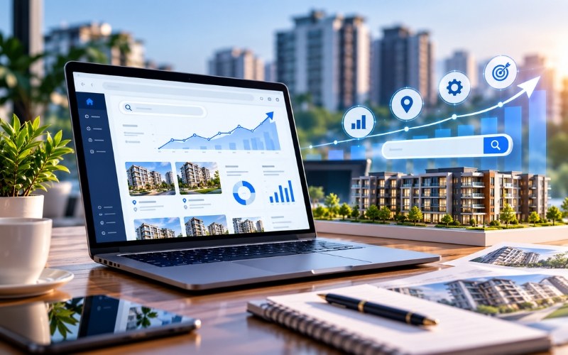 Property search analytics on a laptop in front of residential towers