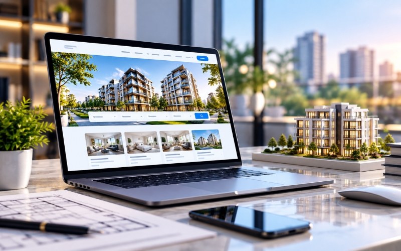 Real estate project website on a laptop with apartment towers behind
