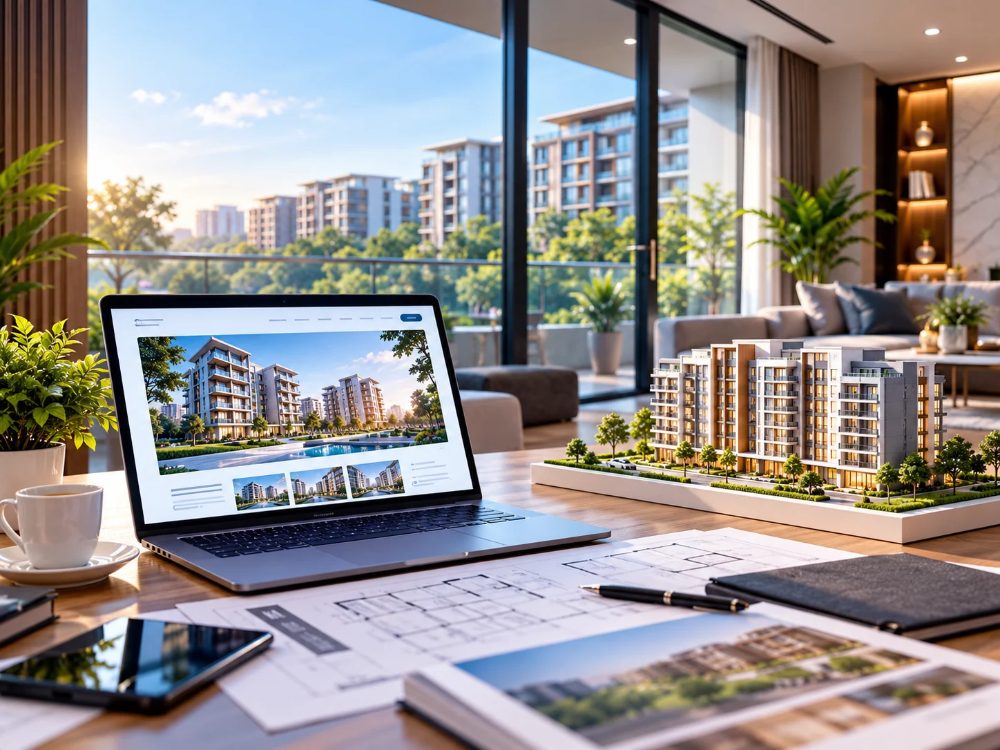 Property website on a laptop beside an apartment building model