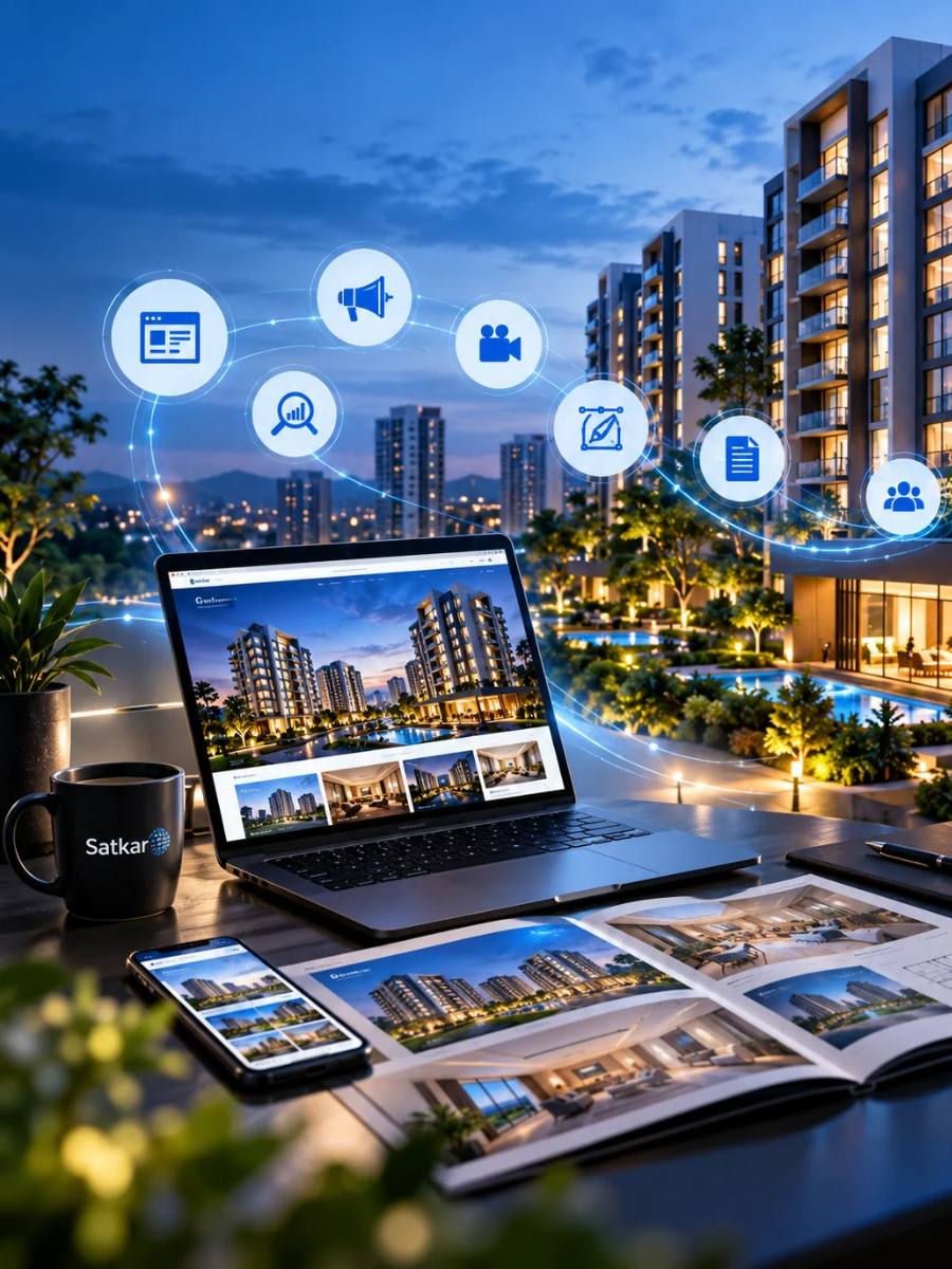 Residential tower at dusk with property brochures and digital marketing icons