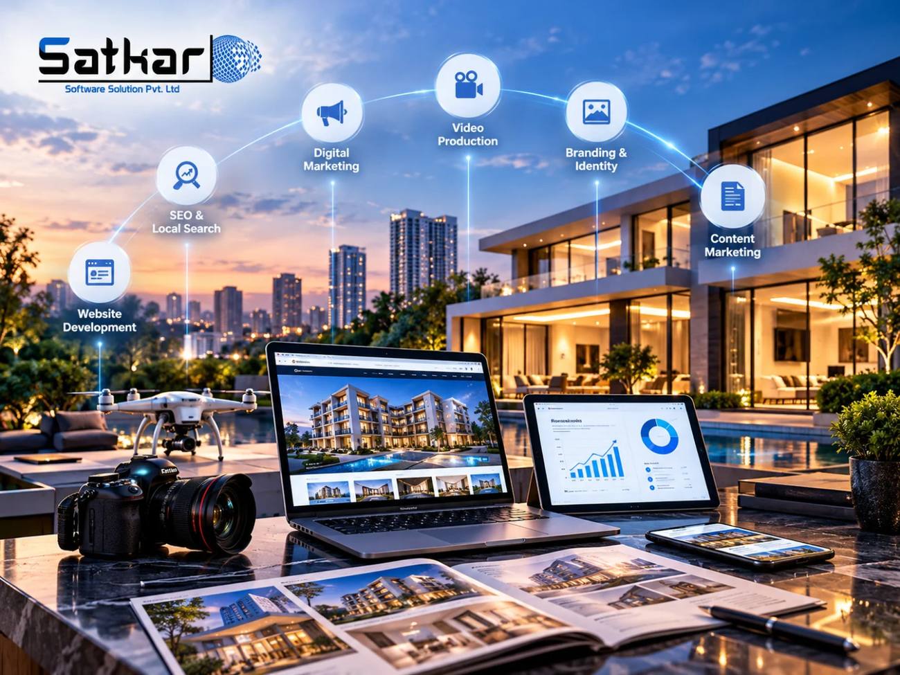 Laptop, camera and brochures in front of a luxury villa at dusk with marketing icons