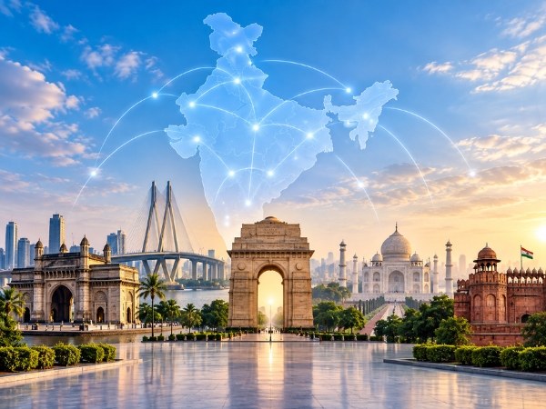 Glowing India map over India Gate, the Gateway of India, Taj Mahal and Red Fort