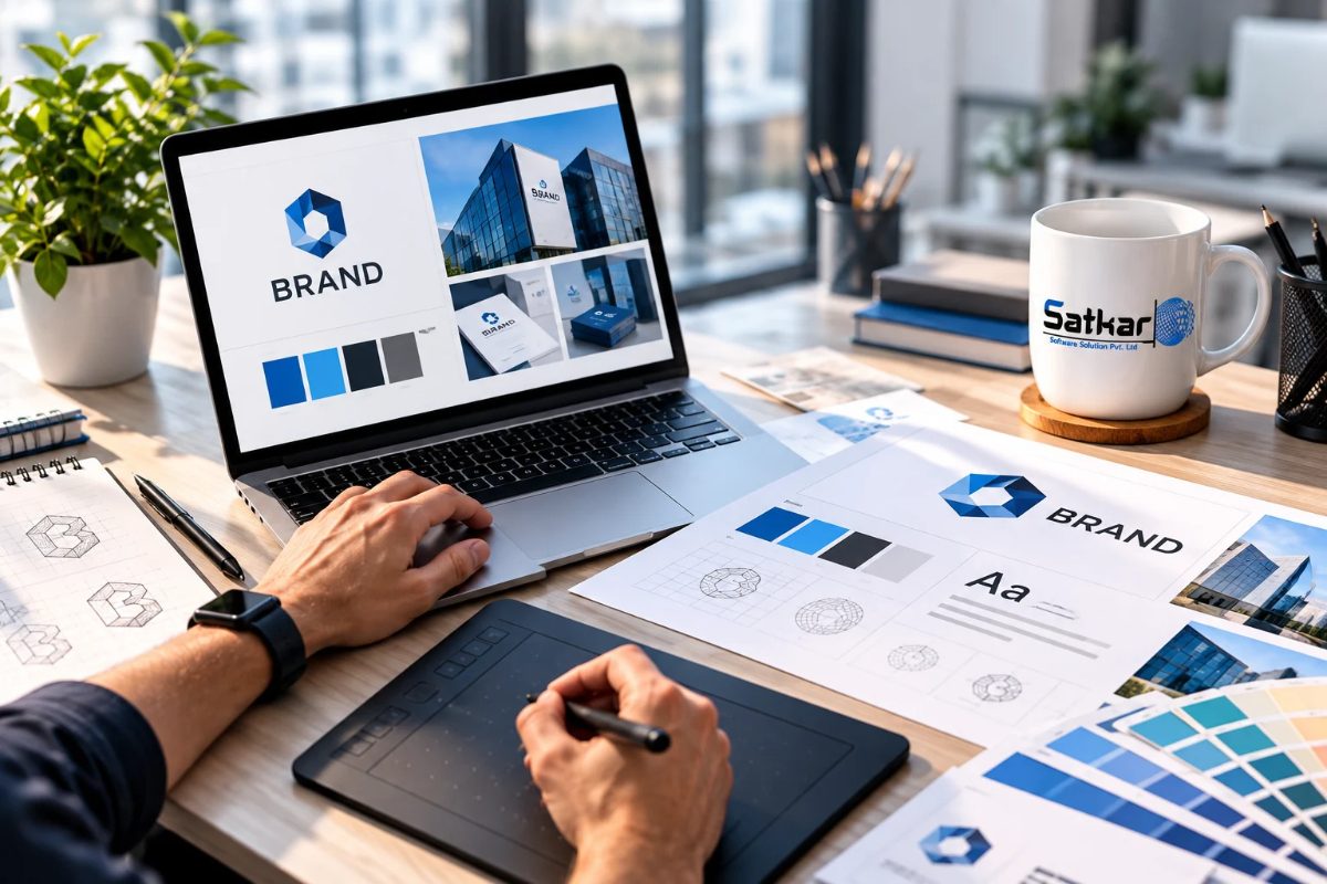 Designer working on a brand identity with a graphics tablet and laptop