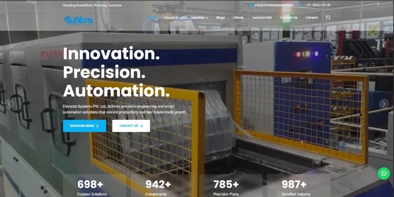 Elevanta Systems website homepage with the headline Innovation. Precision. Automation.