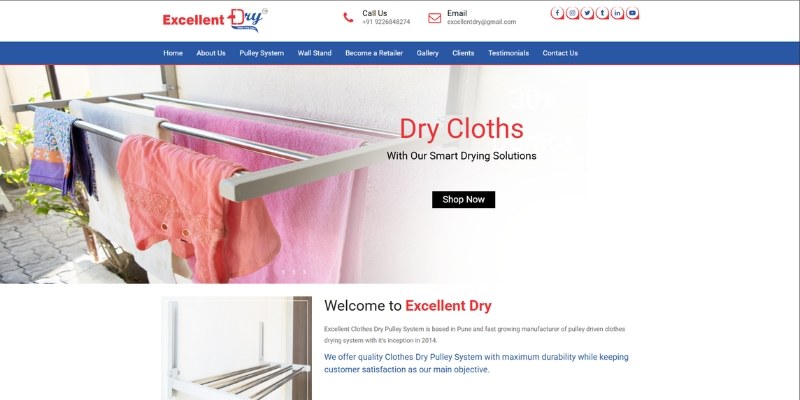 Excellent Dry website homepage showing a ceiling cloth drying system