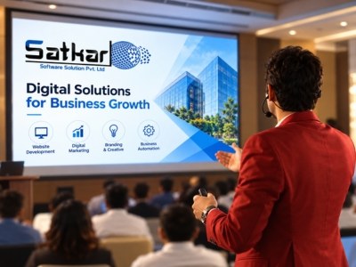 Speaker presenting a Satkar Digital Solutions slide to an audience