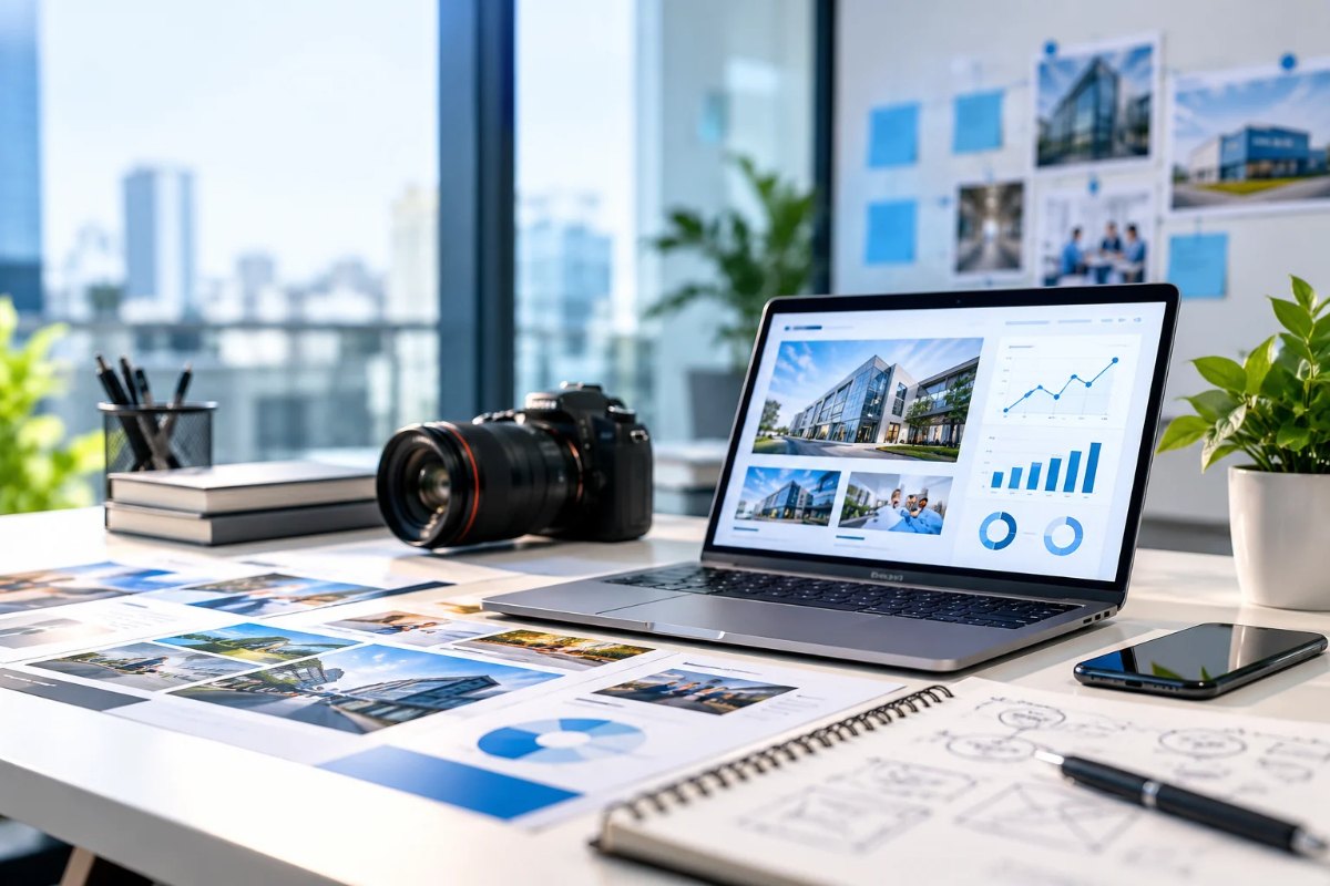 Laptop with website analytics beside a camera and printed project photos