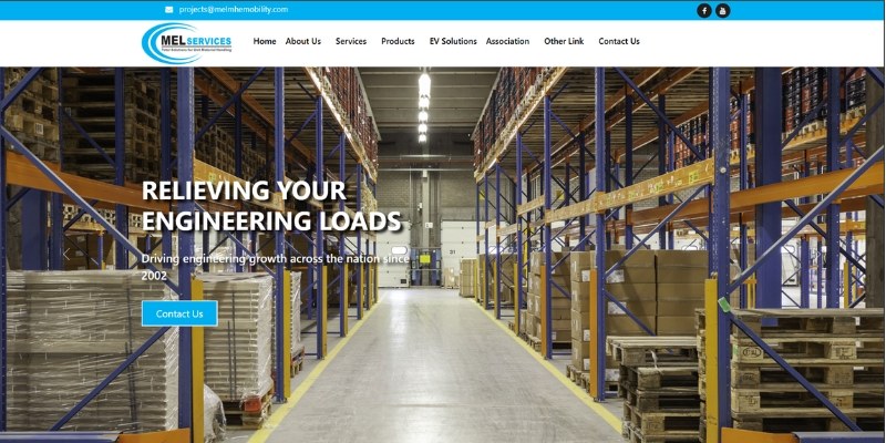 Mel Services website homepage with a warehouse banner, website and SEO case study