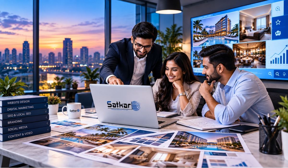 Satkar team reviewing a client project on a laptop with project prints
