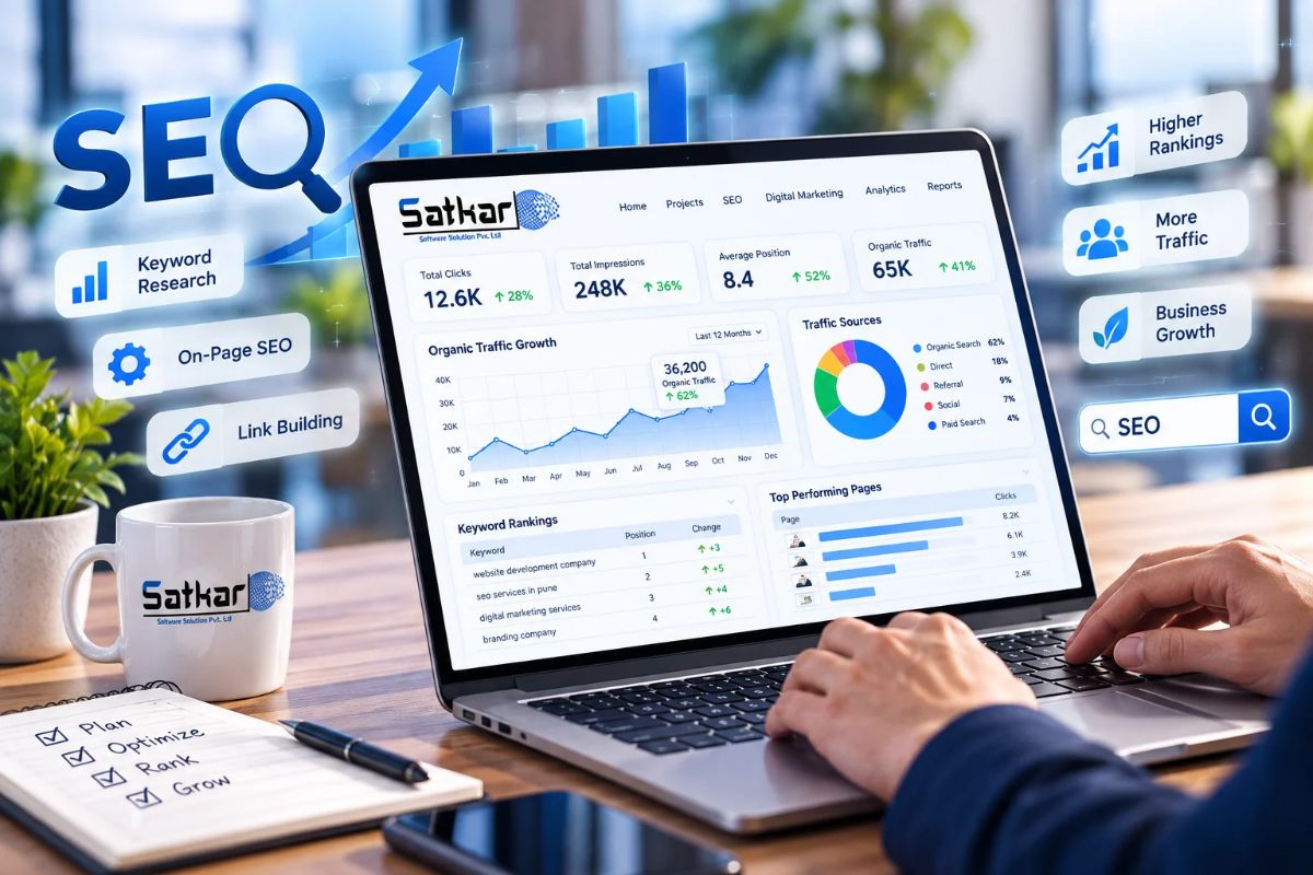 Laptop with an SEO dashboard showing traffic and keyword rankings