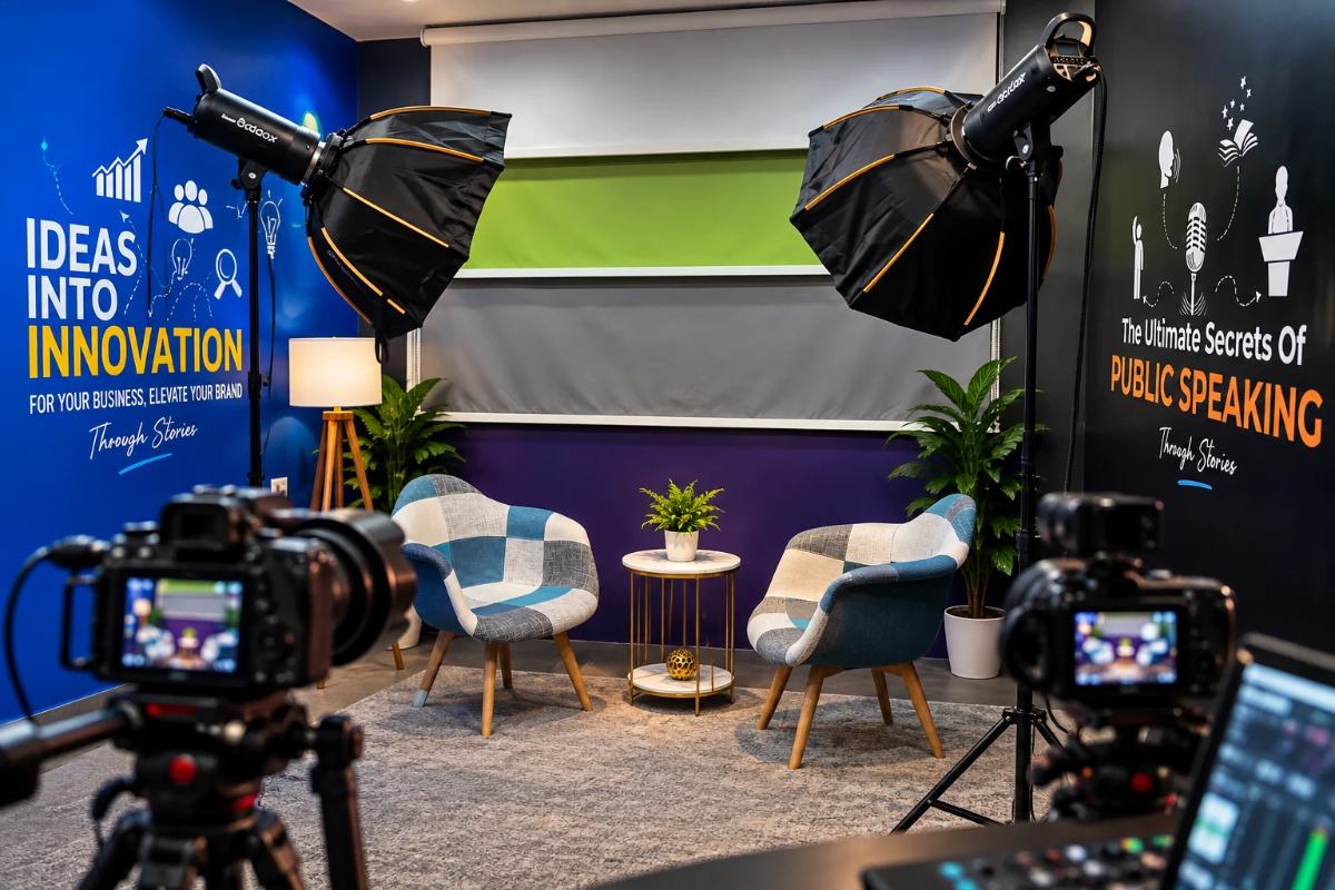 Satkar Studio recording set with armchairs, cameras and softbox lights