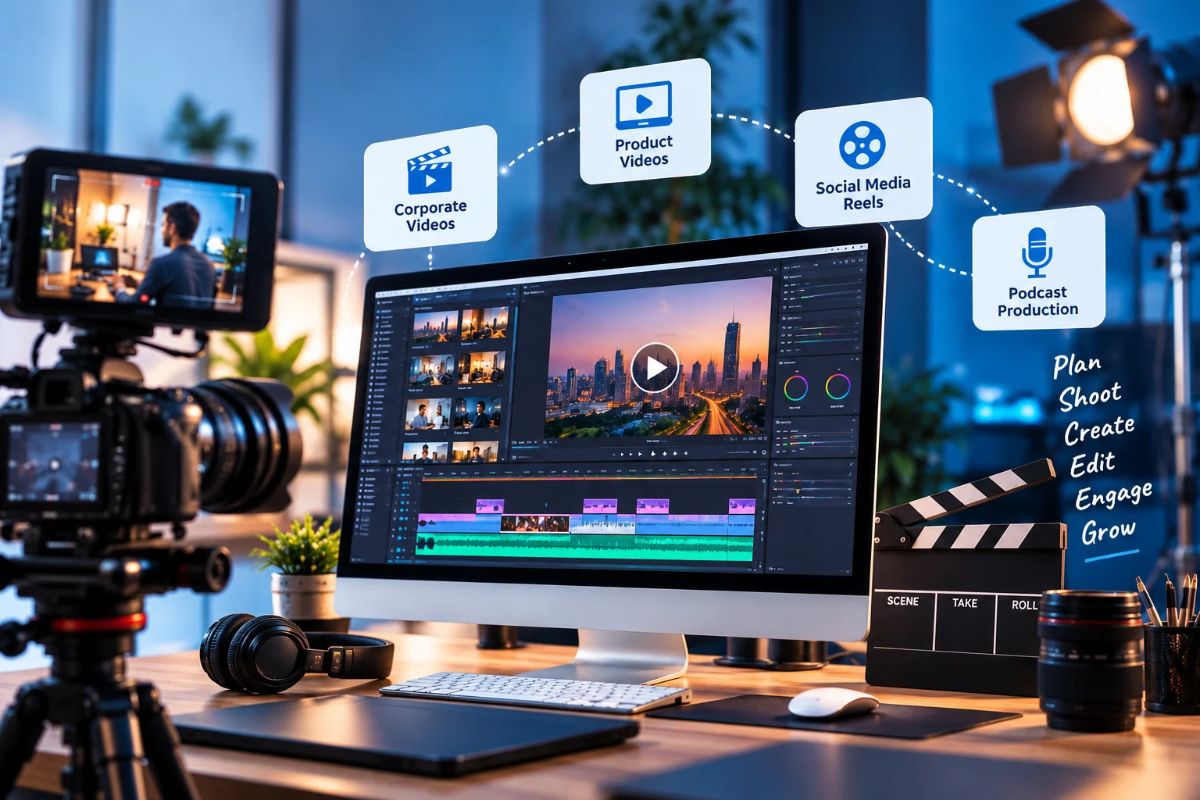 Video editing workstation with cameras, studio lights and a colour-graded timeline