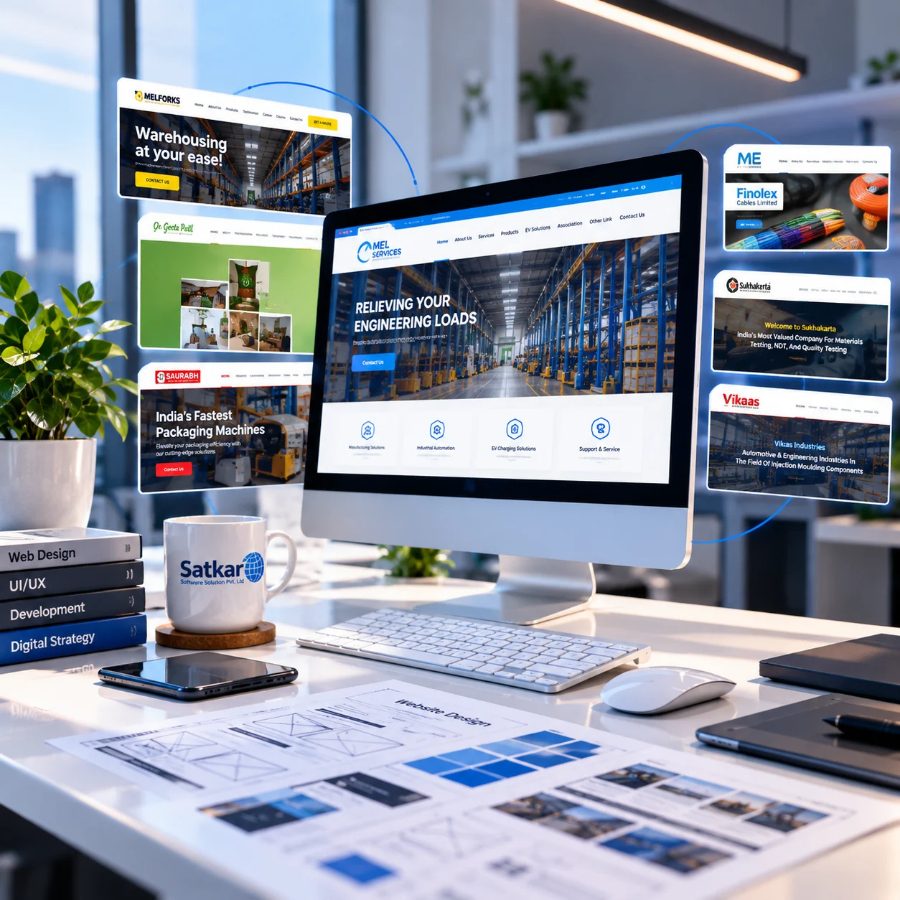 Desktop showing a client website surrounded by other website designs