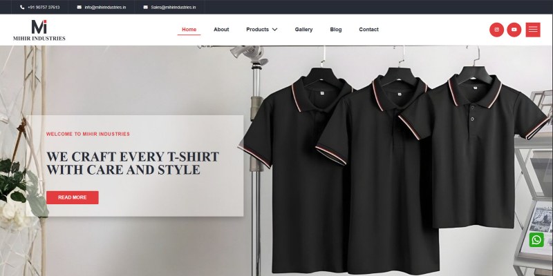 Mihir Industries website homepage showing black polo T-shirts on hangers