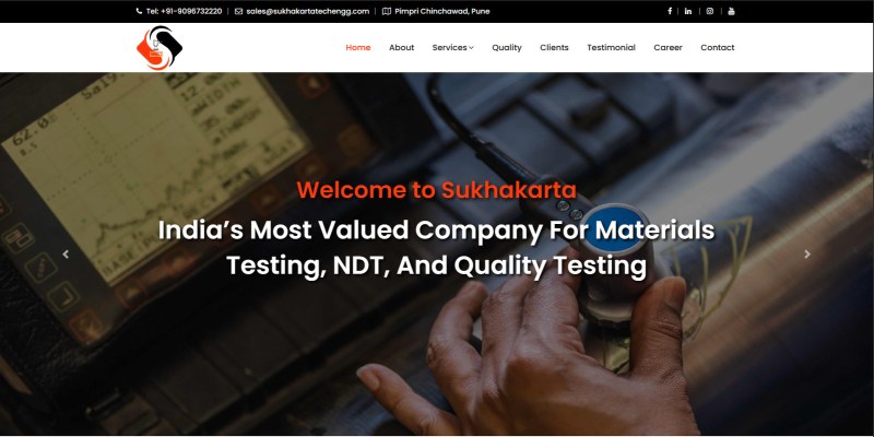 Sukhakarta website homepage about materials testing, NDT and quality testing