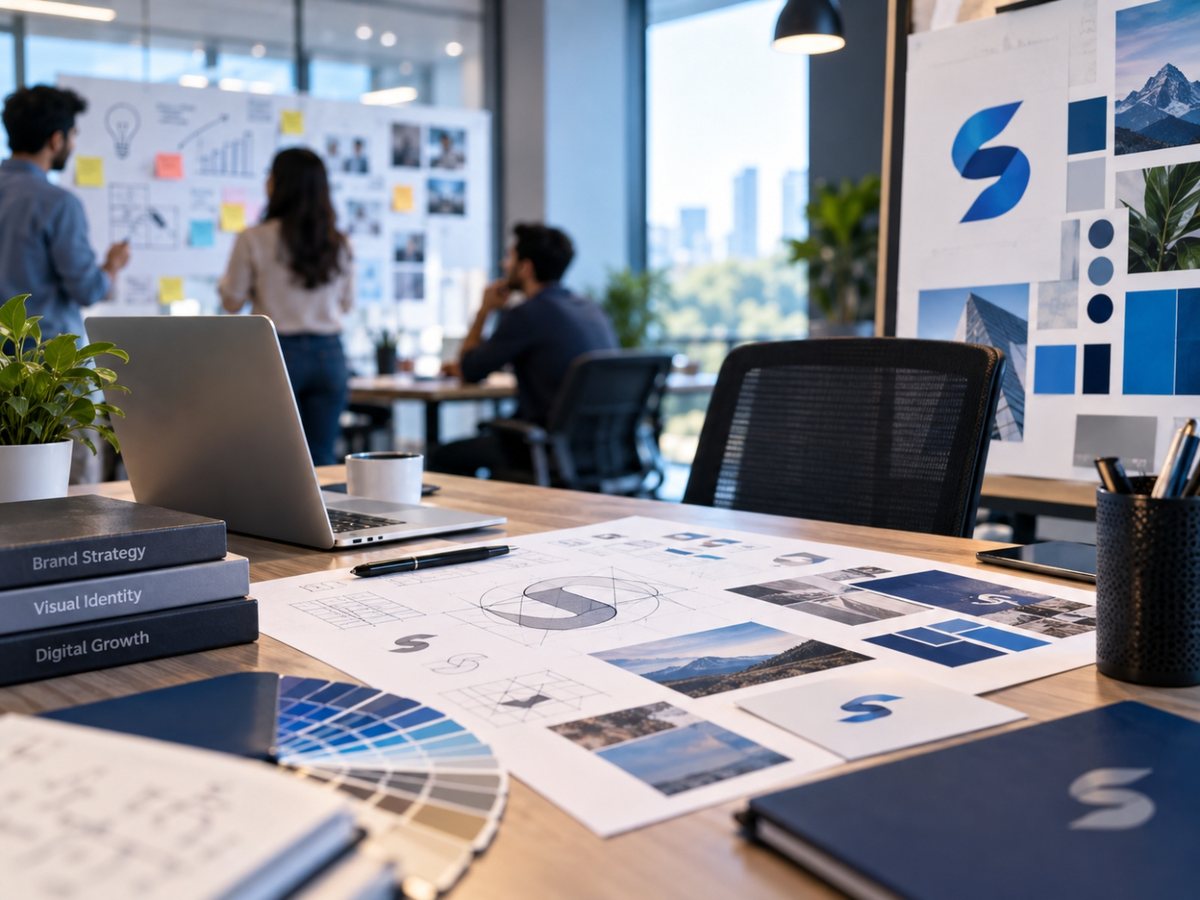Brand identity moodboard with logo prints and colour swatches on a designer's desk