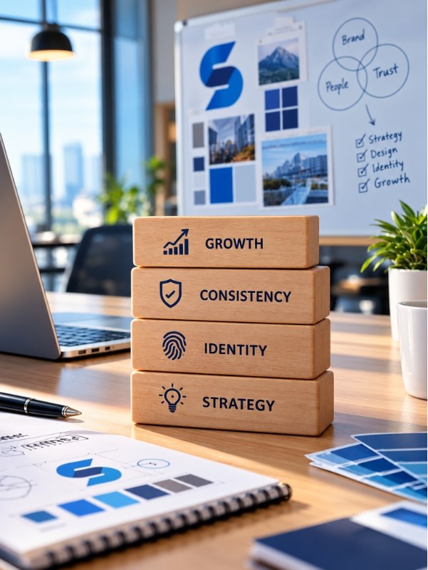 Wooden blocks labelled Strategy, Identity, Consistency and Growth on a branding desk