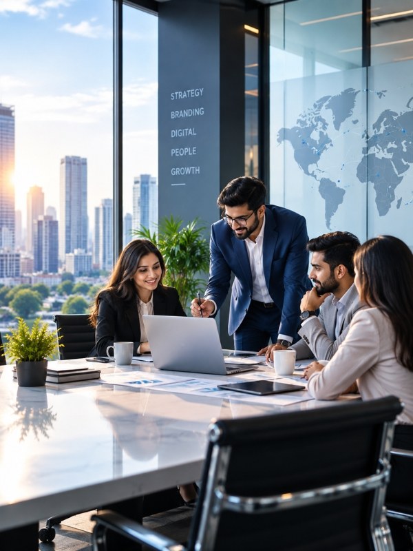 Business team discussing plans around a laptop in a modern office