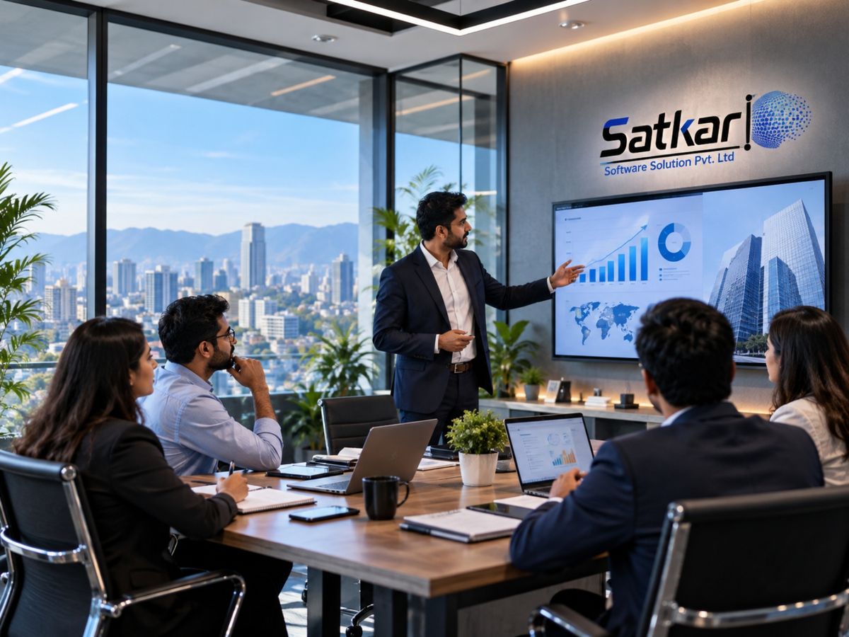 Professional presenting growth charts to colleagues in a modern conference room