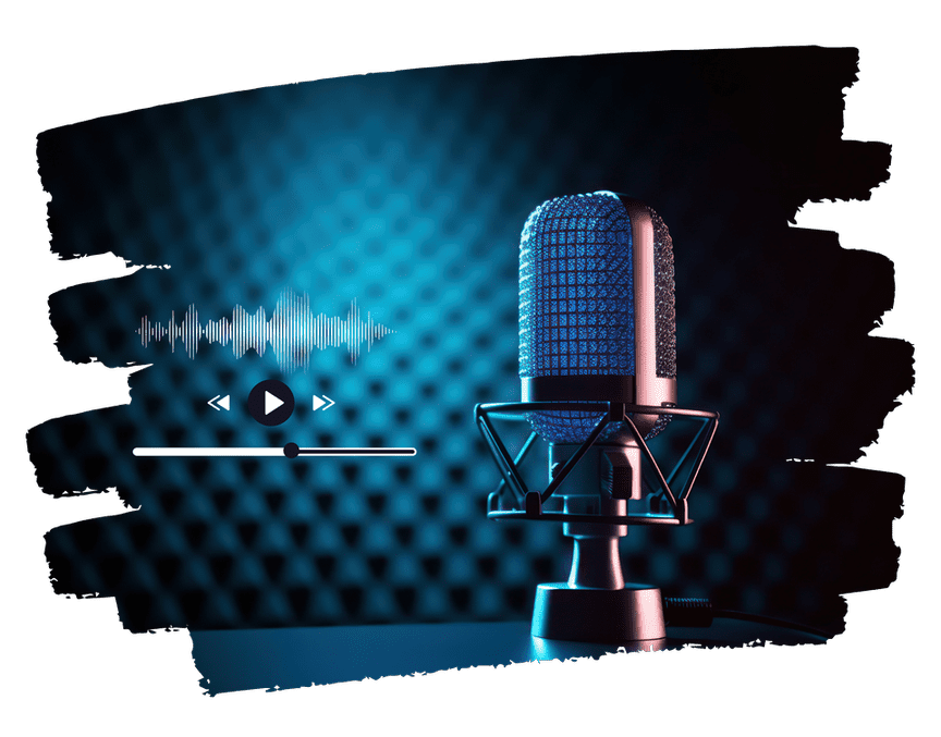 Studio condenser microphone with acoustic foam and audio waveform at Satkar's podcast recording studio in Chinchwad, Pune