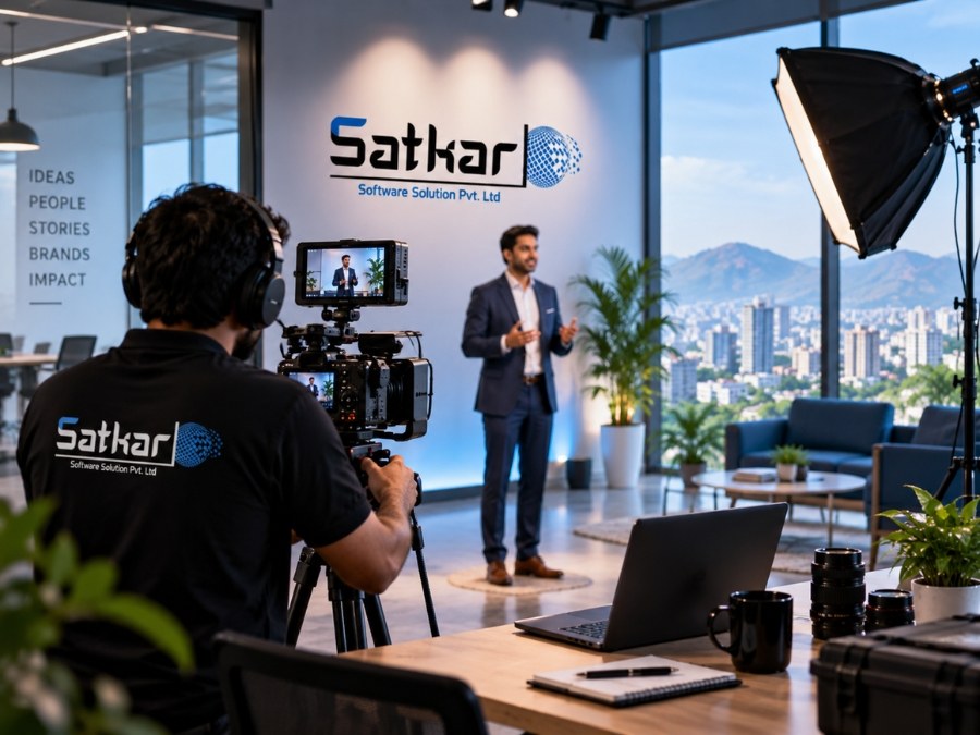Satkar camera operator filming a presenter in front of the Satkar logo wall