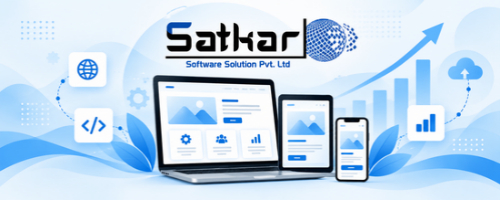 Satkar logo above a responsive website shown on laptop, tablet and phone