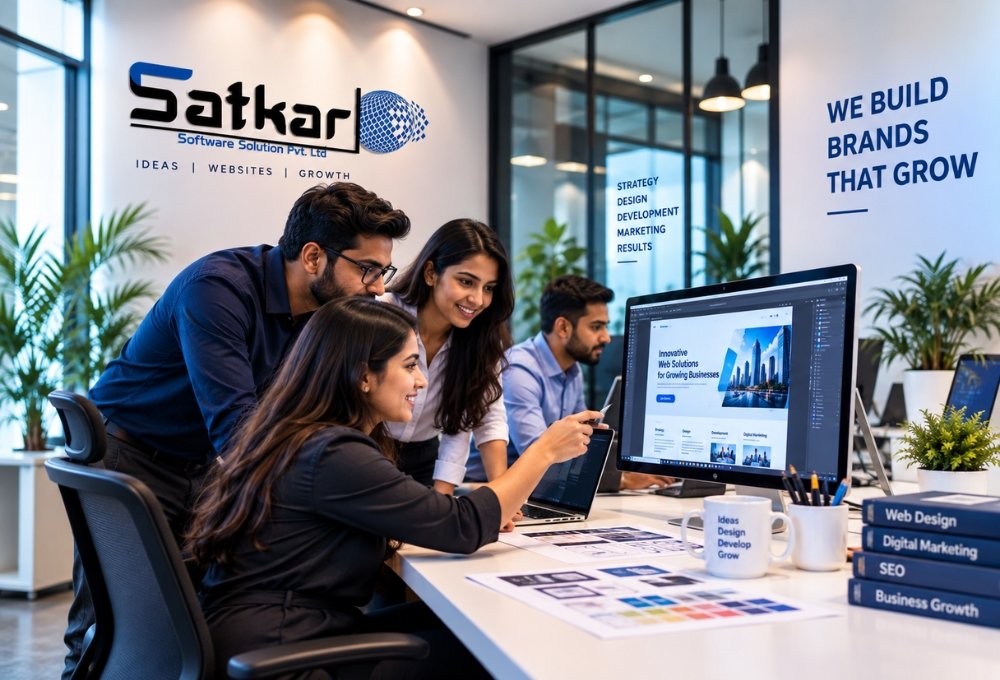 Web design team reviewing a website layout on a monitor in the Satkar office