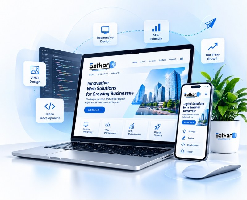 Responsive business website shown on a laptop and smartphone with web design icons